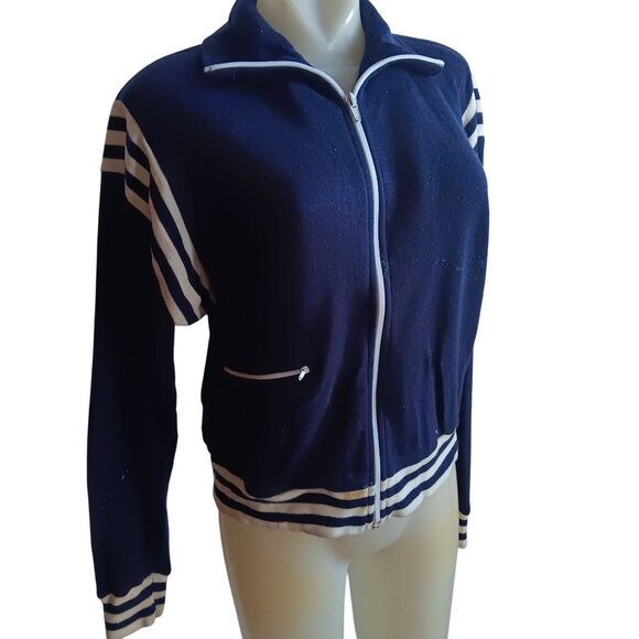Women's Large Vintage Track Jacket Zip-Up White Stripes 1970's Buttery Jog-Joy - Picture 2 of 7